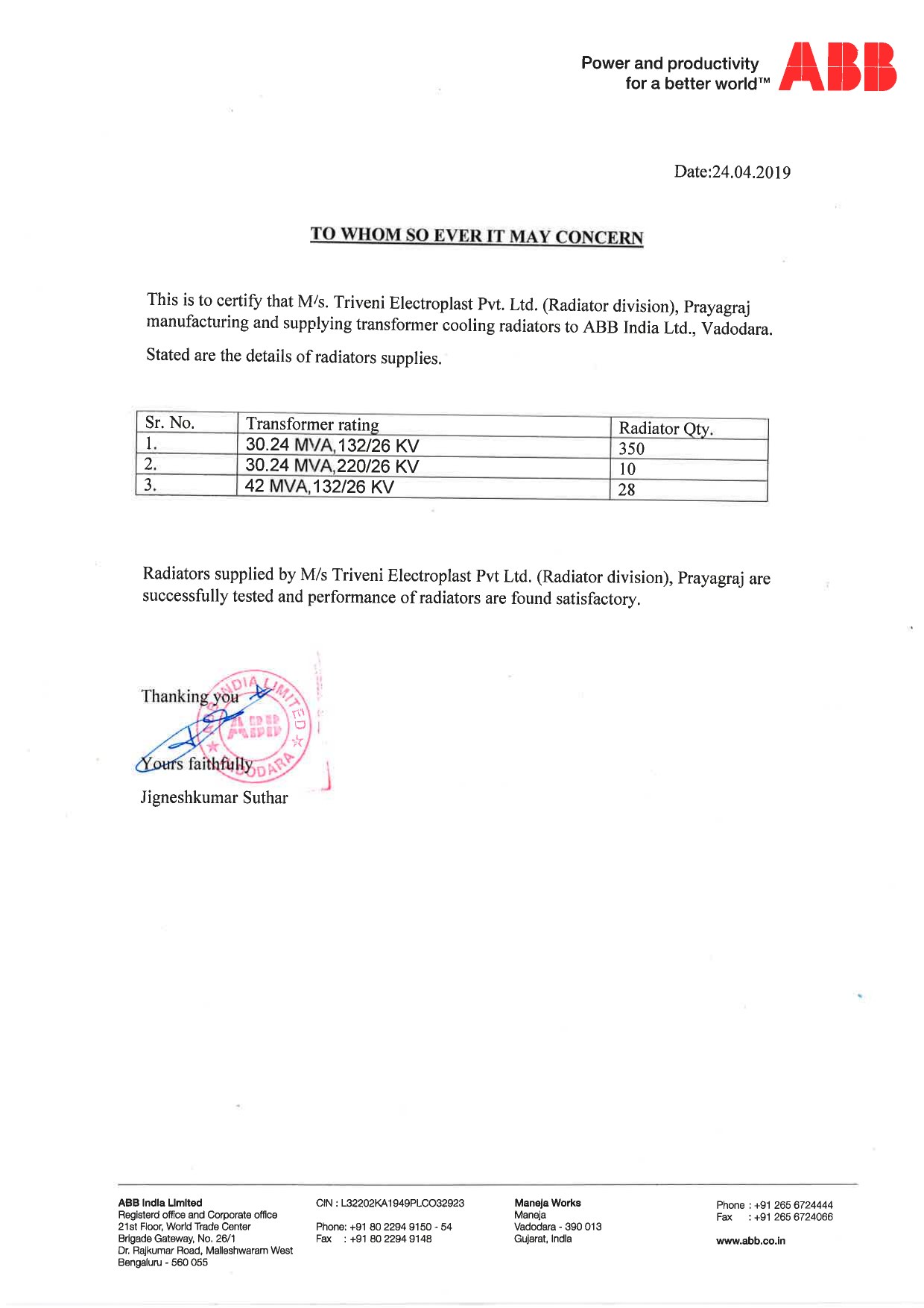 ABB performance letter