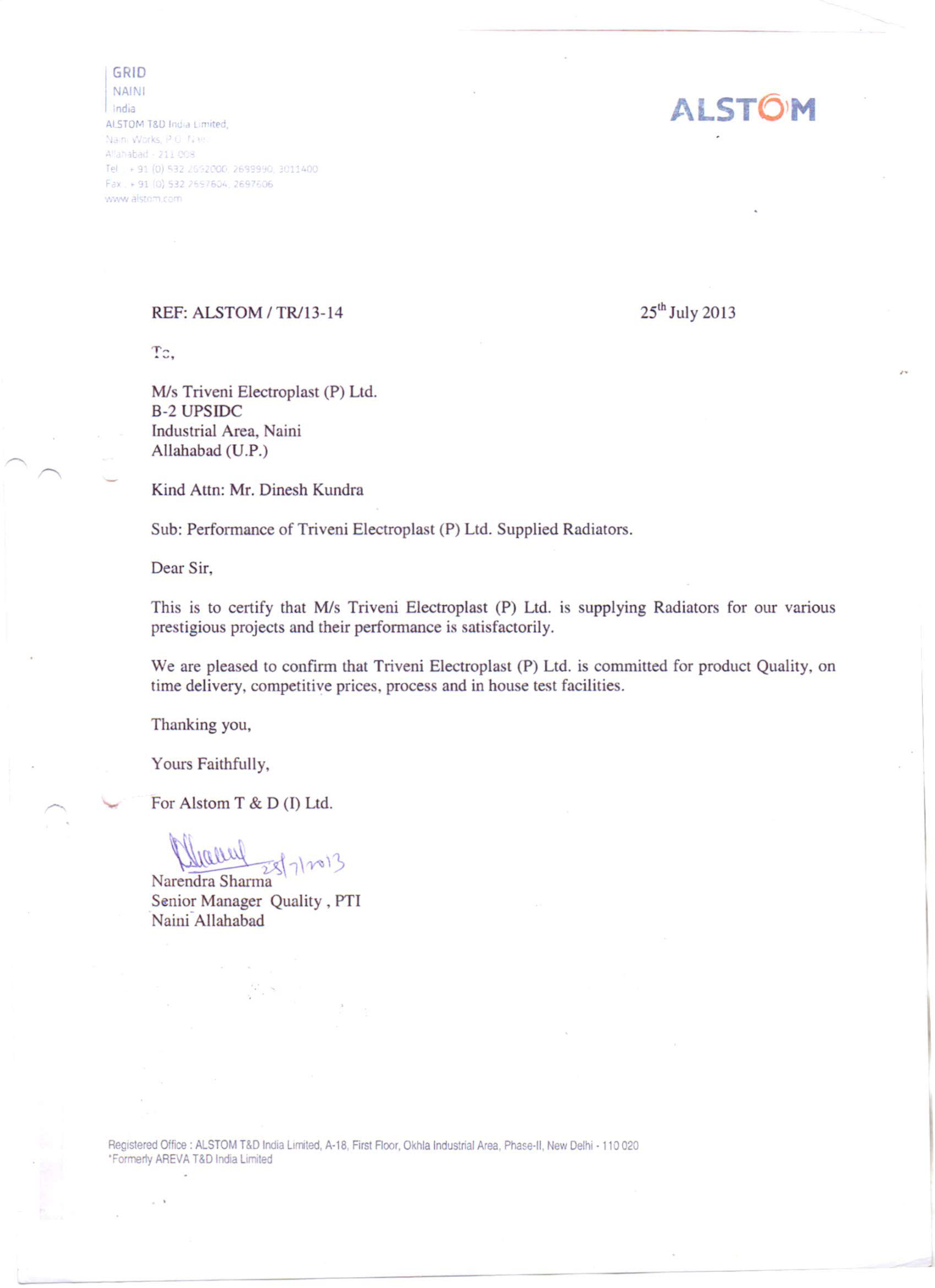 Alstom T&D India performance letter