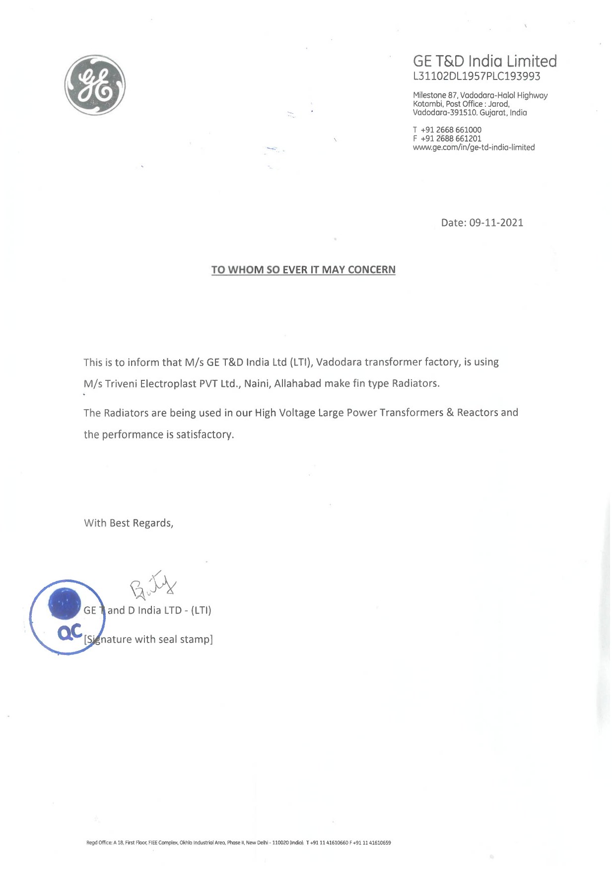 GE T&D India performance letter